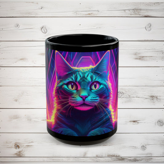 Cat Graphic Black Mug - Cyberpunk Cat Lover Gift, Modern Digital Art Coffee Mug, Neon Night Cat Mug, Abstract Cat Coffee Cup, Surreal Cat - EternalAscension