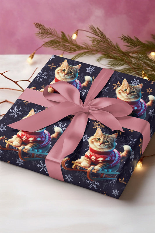 Cat on Sled Wrapping Paper, Holiday Gift Wrap, Christmas Cat Theme, Festive Present Wrap, Winter Magic Packaging, Cat Lover Gift Wrap - EternalAscension