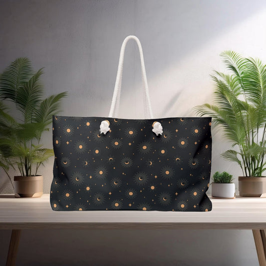 Celestial Tote Bag, Sun Moon Star Pattern, Weekend Travel Bag - EternalAscension