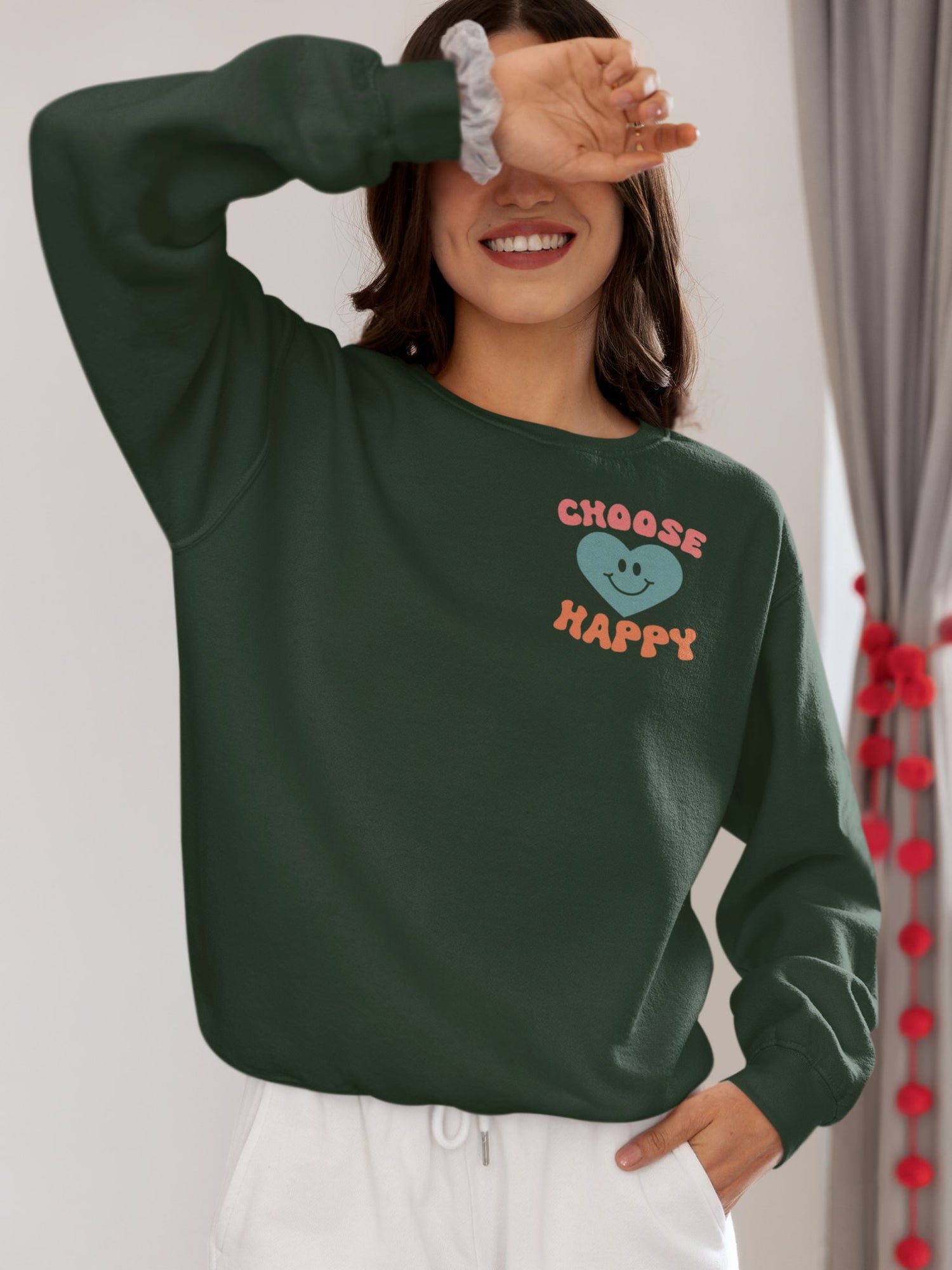 Crewneck Sweatshirt, Choose Happy & Good Vibes Only, Positive Message Retro Design, Unisex Jumper Top, Smiley Face Graphic, Dark Green, - EternalAscension