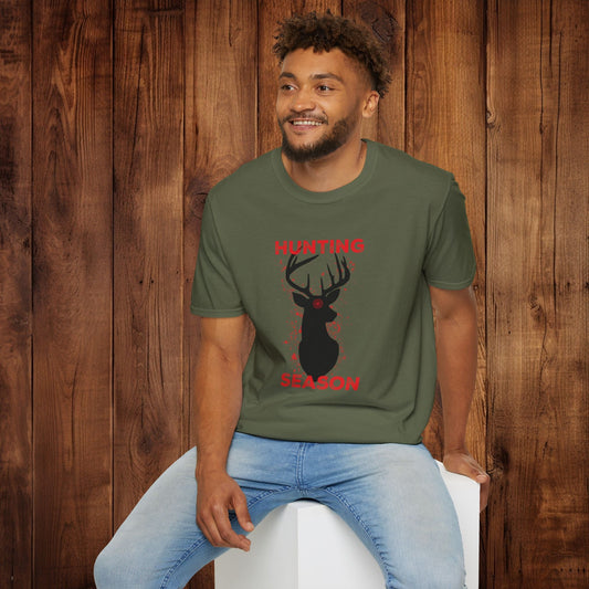 Deer Silhouette Hunting Season Unisex Softstyle T-Shirt - Wildlife Target Antlers Red Paint Splatter Tee, Hunter Gift, Outdoor Apparel, - EternalAscension