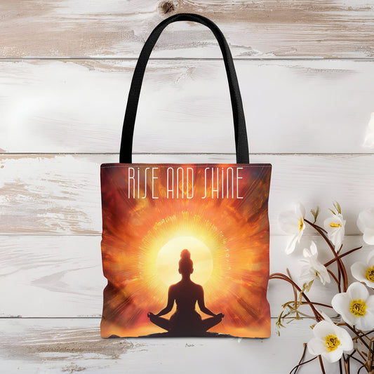 Meditation Tote Bag - Serene Silhouette with 'RISE AND SHINE' Quote - EternalAscension