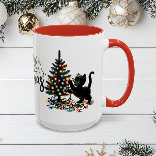 Merry Christmas Coffee Mug, Festive Holiday Cup with Black Cats and Christmas Lights, 11oz, 15oz, Christmas Gift, Hot Cocoa Mug, Symmetrical - EternalAscension