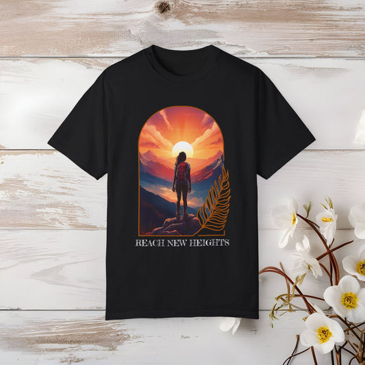 Mountain Explorer Graphic T-shirt, Adventure Nature Lover Tee, Reach New Heights Blue Shirt, Unisex Hiking Apparel, Outdoor Enthusiast Gift, - EternalAscension