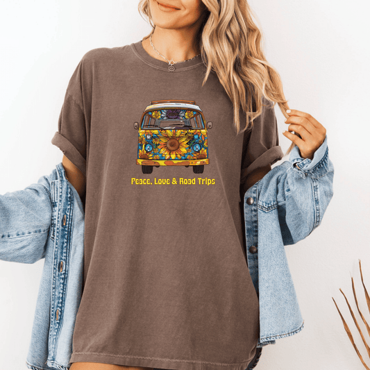 Peace Love & Road Trips Unisex T-shirt - Vintage Van Graphic and Sunflowers Design - EternalAscension