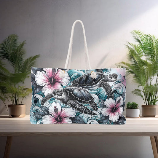 Tote Bag - Sea Turtles and Hibiscus Flowers Design - EternalAscension