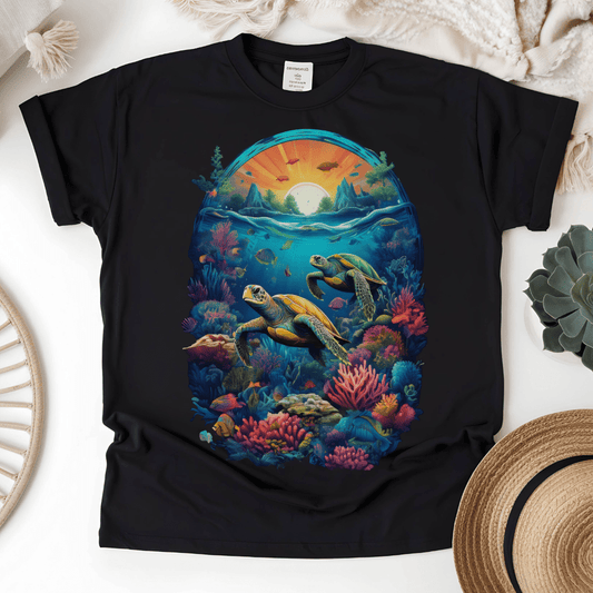 Underwater Paradise Unisex T-Shirt, Sea Turtle Tee, Ocean Sunset Shirt, Marine Life Top, Coral Reef Apparel - EternalAscension