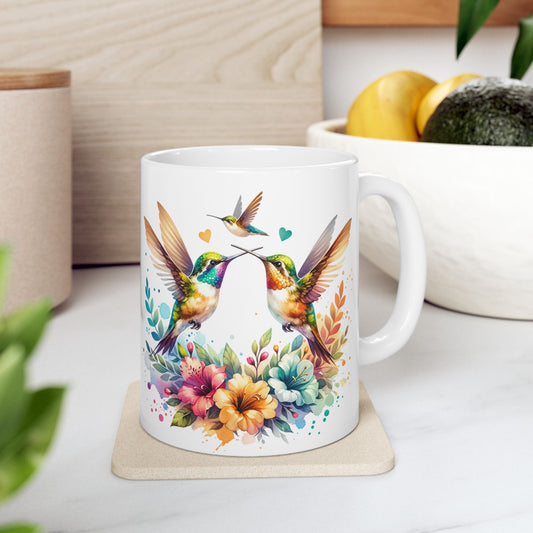 Vibrant Hummingbirds and Floral Bouquet Ceramic Mug (11oz, 15oz) - EternalAscension