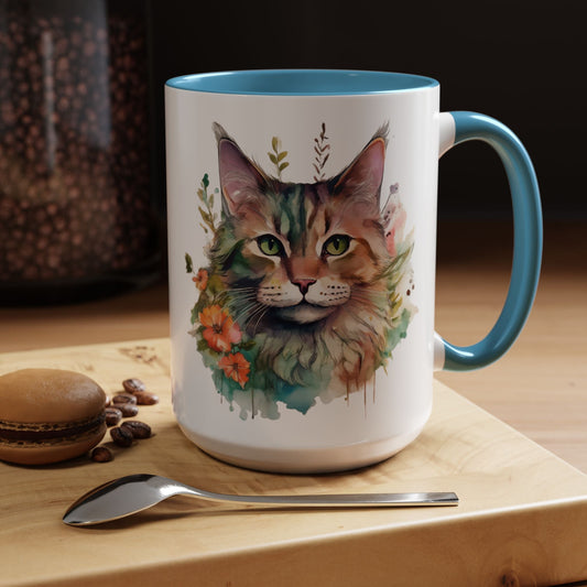 Watercolor Cat Face Accent Coffee Mug (11, 15oz) - Green Eyes, Floral Design, Ceramic, Glossy Finish, BPA Free, Cat Lover Gift, Tea Cup - EternalAscension