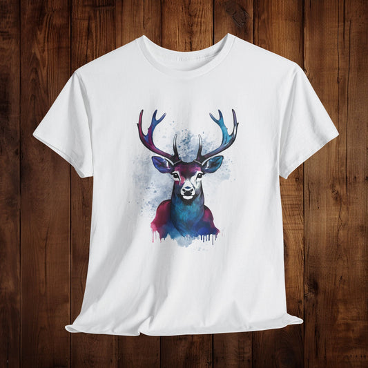 Watercolor Deer Artistic Tee, Nature Lover's T-shirt, Stylized Deer Head Shirt, Wildlife Graphic Tee, Vibrant Blue Purple Tee, Casual - EternalAscension